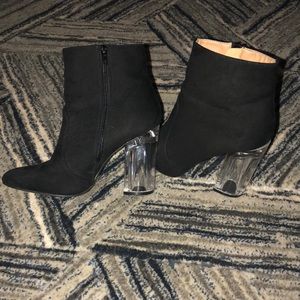 Black suede boots with clear heel